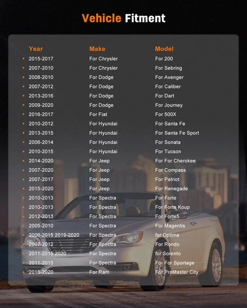 Chart showing vehicle fitment for harmonic balancer crankshaft pulley including Chrysler, Dodge, Fiat, Hyundai, Jeep models from 2006-2020