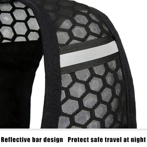 Close-up of Hydration Pack Running Vest with Built In Water Reservoir Lightweight Bottle Holder Backpack, reflective strip detail.