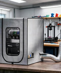 Slick Heavy Duty 3D Printer Enclosure With Badass Airflow Vent System, built in digital thermometer, side view with duct.
