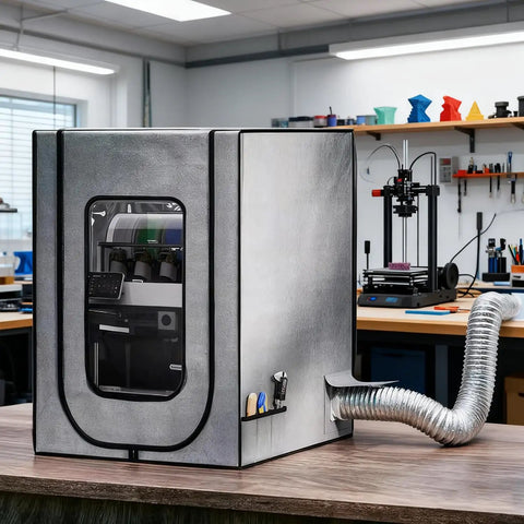 Slick Heavy Duty 3D Printer Enclosure With Badass Airflow Vent System, built in digital thermometer, side view with duct.