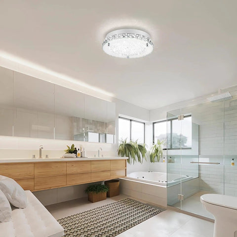 Brighten Up Your Space With A Modern 11 Inch Flush Mount Crystal LED Ceiling Light 4000K Daylight White 1980 Lumens in bathroom