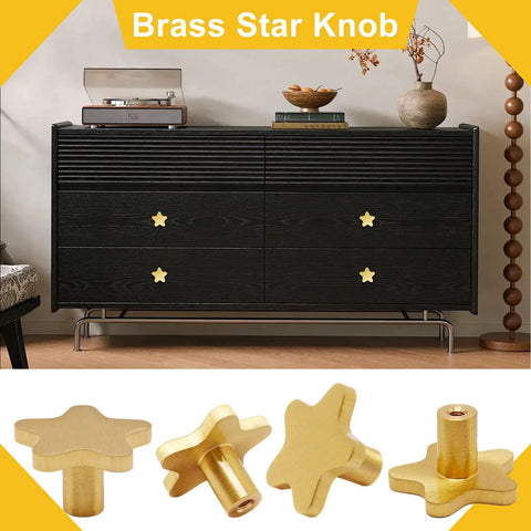 Two Pack Dope Brass Star Cabinet Knobs Antique Solid Brass Drawer Pulls Brushed Gold Finish 1.32 Inch Installed on Dresser