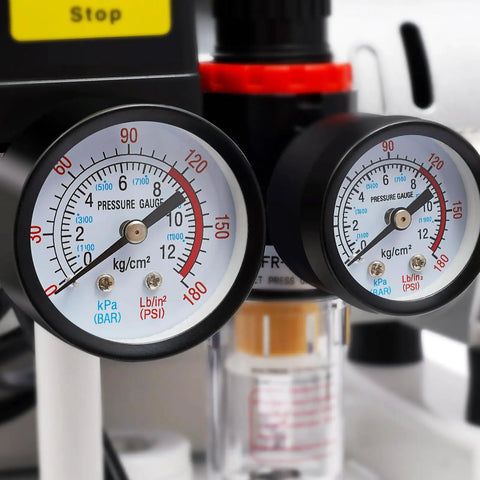 Close-up of pressure gauges on 10 Gallon Oil-Free Air Compressor 1HP Ultra Quiet Vertical Steel Tank measuring PSI.
