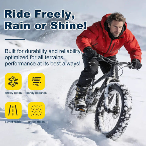 Man biking in snow with Two Pack Fat Bike Inner Tube 20 By 4.0 Inch With 32mm Schrader Valve For Electric Fat Tire Bikes Fits 20 Inch E Bike And Bicycle Tires Durable Butyl Rubber Tube With Great Puncture Resistance And Reliable Seal