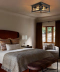 Bedroom featuring Rustic Wood Four Light Flush Mount Ceiling Fixture with Open Geometric Cage, casting a cozy glow.