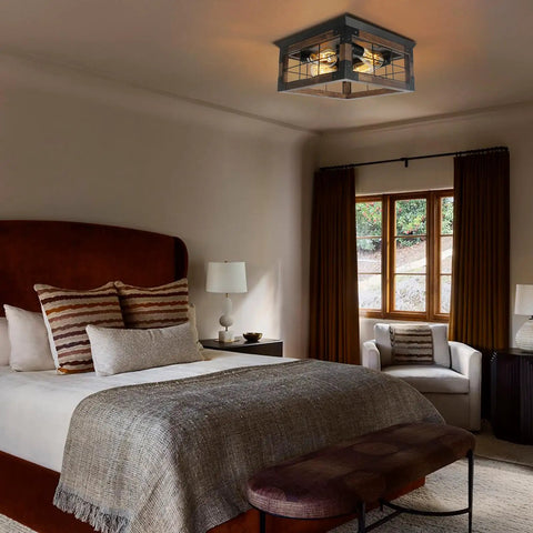 Bedroom featuring Rustic Wood Four Light Flush Mount Ceiling Fixture with Open Geometric Cage, casting a cozy glow.