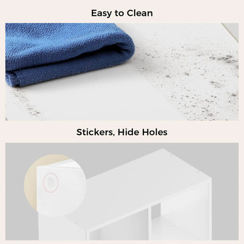 Close-up of white 8 Cube Storage Organizer Stackable Modular Shelf showing a blue cloth for cleaning and stickers to hide holes.