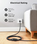 ETL Listed 16 AWG Heavy Duty 13A Power Extension Cord 25 Foot 3 Prong NEMA 5-15P to NEMA 5-15R plugged into a wall outlet