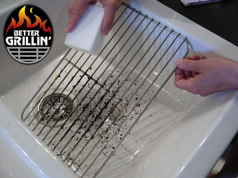 Grillin Stone Grill Cleaning Brick Block for BBQ Griddle and Racks Easy Scrubbin Stone Cleaner used on grill rack in sink