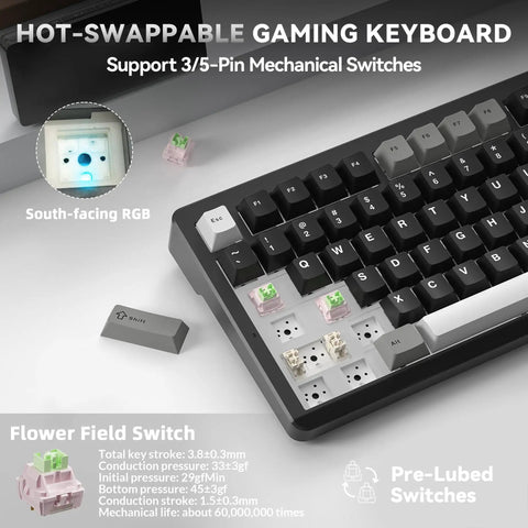 Compact 75 Percent Wireless Mechanical Gaming Keyboard With Hella Smooth Triple Connection Modes And A Massive Ten Thousand Milliamp Hour Battery showing hot-swappable switches.