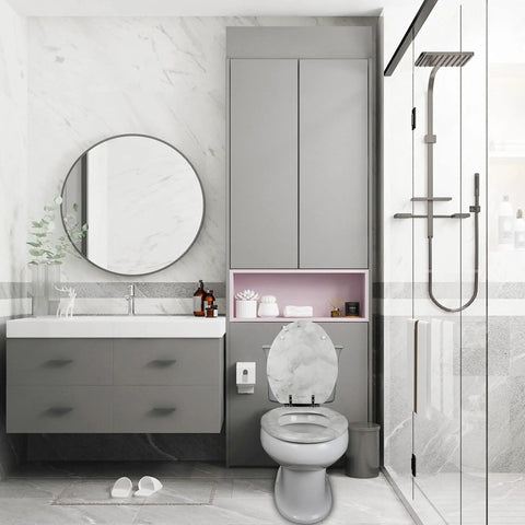 Elongated Marble Toilet Seat With Zinc Alloy Hinges Easy Install And Clean Anti Pinch Safety Durable Gray Finish in modern bathroom
