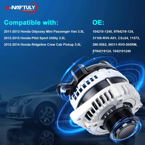 130Amp High Output Alternator Replacement Fits Pilot 2012-2015, Ridgeline 2012-2014, Odyssey 2011-2013 3.5L V6 CW 6-Groove Clutch