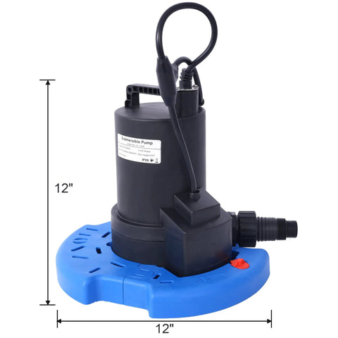 No Sweat One Third Horsepower Submersible Water Pump With Rugged Strainer Base for rapid drainage, 12 inches size for quick flood rescue.