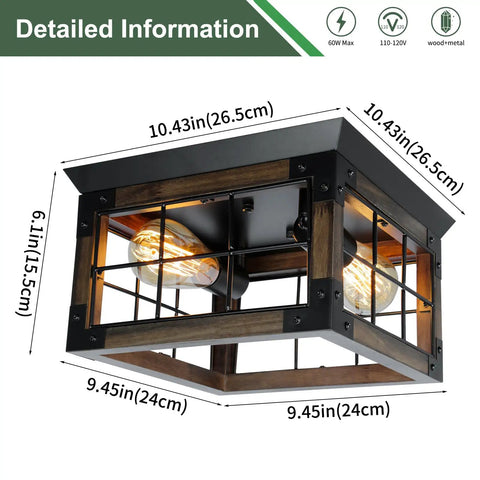Two Light Farmhouse Style Black Wood Flush Mount Ceiling Fixture For Kitchen Dining Room And Entryway Dope Industrial Rustic Look Semi Flush Mount Lighting With Square Wood Frame And Black Iron Accents, dimensions shown