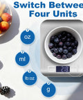 Precision Digital Kitchen Scale With 0.1g Accuracy, 11 Lb And 5 Kg Capacity, Backlit LCD, stainless steel with bowl of berries