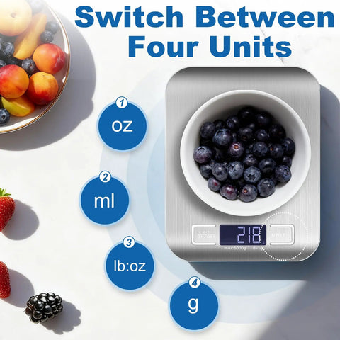 Precision Digital Kitchen Scale With 0.1g Accuracy, 11 Lb And 5 Kg Capacity, Backlit LCD, stainless steel with bowl of berries