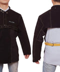 Front and back view of Leather Welding Jacket With Open Back And Cape Sleeve Detachable 20 Inch Bib Apron Flame Resistant Welder Coat