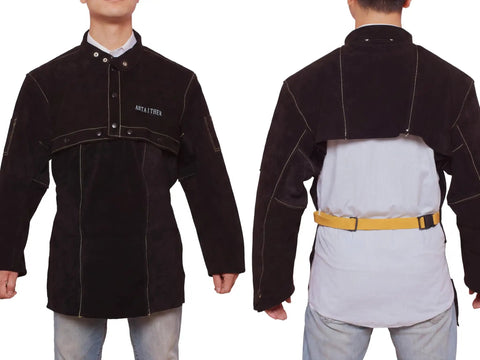 Front and back view of Leather Welding Jacket With Open Back And Cape Sleeve Detachable 20 Inch Bib Apron Flame Resistant Welder Coat
