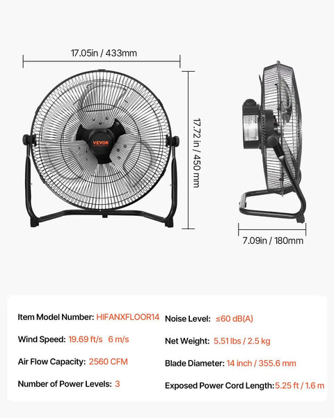Heavy Duty 14 Inch Floor Fan Becomes A Cooling Beast With 2560 CFM Airflow, 3 Speeds, Industrial Grade Build, front and side view