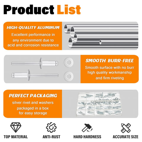 16 Sizes Aluminum Pop Rivet Kit With Blind Rivets In 3/32 1/8 5/32 3/16 1/4 Inch And Stainless Steel Washers includes burr-free aluminum rivets and durable packaging.