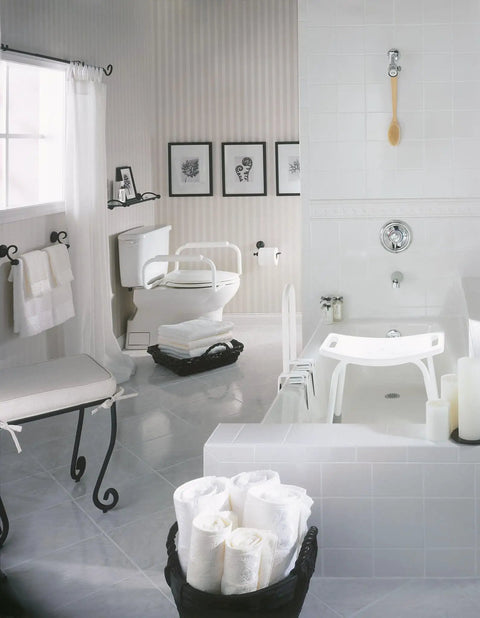 Bathroom with Glacier White Toilet Grab Bar For Safety And Independence installed near toilet for senior support.