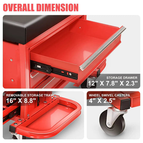Three Drawer Rolling Tool Chest And Mechanic Seat With Tool Trays Pro Grade Heavy Duty 350 Pound Weight Capacity Red Finish details