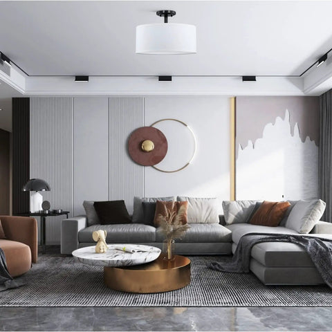 Fabric Drum Shade Semi Flush Mount Ceiling Light With PS Diffuser Off White Fabric Shade Black Finish 13 Inch Size