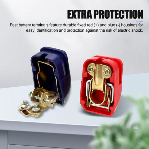 Two Pack Quick Release Cable Terminal Connectors for Cars with blue and red covers, dust and water shield.