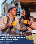 Couple enjoying outdoor coffee with Brass RV Vacuum Breaker Check Valve For Gray Water Black Tank Flush System Replacement