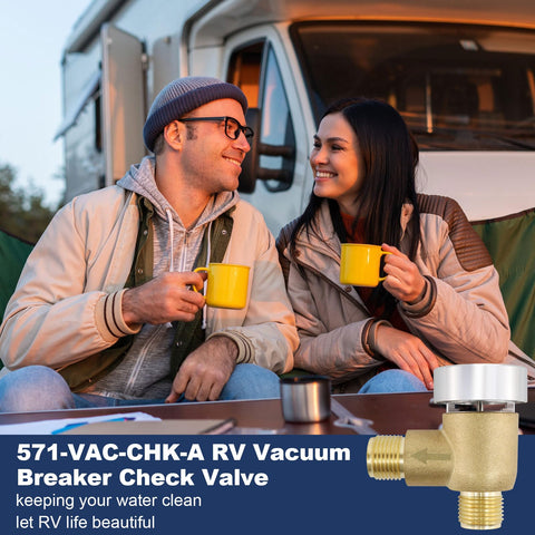 Couple enjoying outdoor coffee with Brass RV Vacuum Breaker Check Valve For Gray Water Black Tank Flush System Replacement