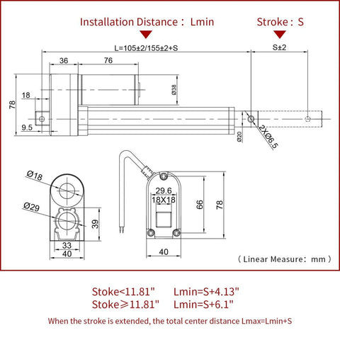 Technical drawing of Beefed Up Electric Linear Actuator 150mm Stroke 5.9 Inch 220 Lb Thrust High Speed 0.47 Inch Per Second 12V