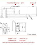 Technical drawing of Beefy 100mm Stroke Electric Linear Actuator 12V, showing dimensions and installation details.