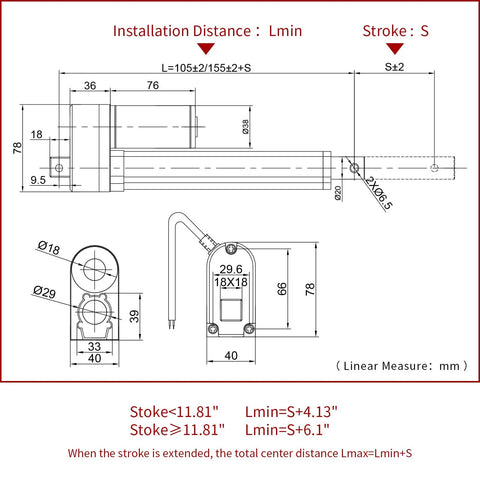 Technical drawing of Beefy 100mm Stroke Electric Linear Actuator 12V, showing dimensions and installation details.