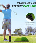 Man swinging golf club on Portable Foldable Grab-and-Go Dual Turf Golf Practice Mat for Indoor Outdoor Swing and Chipping Realistic Fairway.