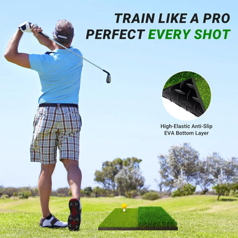 Man swinging golf club on Portable Foldable Grab-and-Go Dual Turf Golf Practice Mat for Indoor Outdoor Swing and Chipping Realistic Fairway.