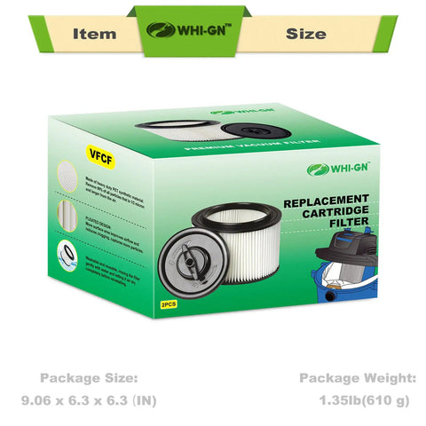 Packaging for Two Pack Washable Cartridge Filter And Retainer Set For Four Gallon Wet Dry Vacuums With Brush Quick Swaps.