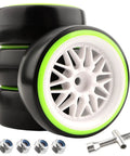 One Tenth Scale On Road RC Drift Tires And Wheels Ready To Drift Set With 12mm Hex Hub visible with wrench and nuts