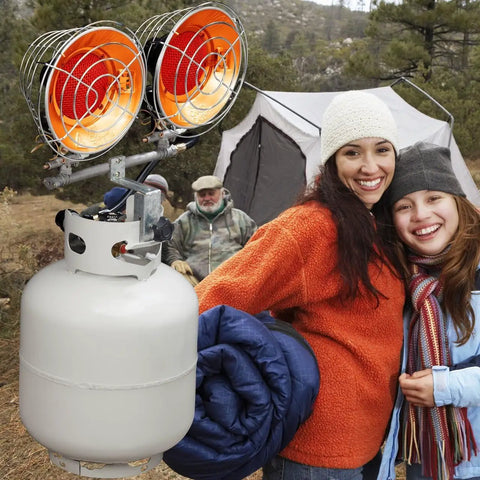 Infrared Tank Top Outdoor Heater With Propane For Camping And Patios Double Burner 30,000 BTU Easy Hookup Heats Up Fast, portable setup