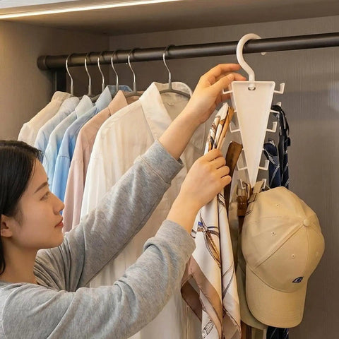 Slick V Shaped Double Sided Clothes Hanger With Twelve Hooks for easy access to scarves and hats in a closet.