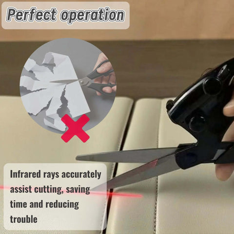 Side view of MXHLXRMP laser-guided fabric scissors with ergonomic black handle cutting fabric