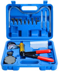 Hand Held Vacuum Pump Tester Kit With Gauge And Brake Bleeder For Auto DIYers, Portable Garage Ready Bleeding System, Pro Grade Aluminum Body, Durable PVC Hoses, Easy To Use, blue case open