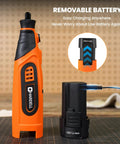 Badass 12V Cordless Rotary Tool Kit With 6 Variable Speeds Up To 25000 Rpm showing removable battery and charging setup.