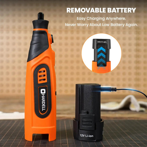 Badass 12V Cordless Rotary Tool Kit With 6 Variable Speeds Up To 25000 Rpm showing removable battery and charging setup.