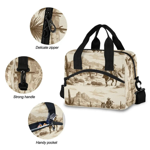 Desert Cowboy Insulated 10L Cooler Bag Leakproof Lunch Box with zipper, handle, and pocket details, 300D Oxford fabric.