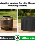 Before and after comparison with Heavy Duty Water Resistant Fire Pit Cover For Summit 24 Inch Solo Stove protecting from debris.