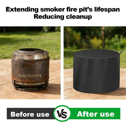 Before and after comparison with Heavy Duty Water Resistant Fire Pit Cover For Summit 24 Inch Solo Stove protecting from debris.