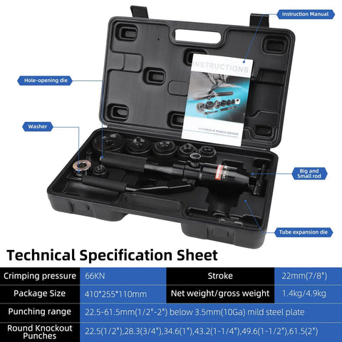 Open case of Hydraulic Knockout Punch Kit With 66 Kilonewton Power Pro Grade Six Hole Opening Dies From One Half To Two Inches Rotatable Head