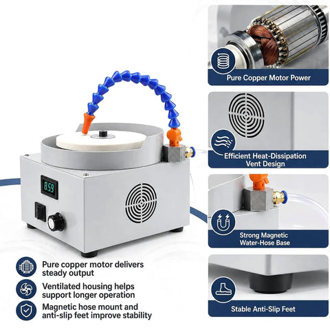 300W Electric Wet Dry Bench Grinder With Adjustable Speed Control, features pure copper motor and magnetic water-hose base.