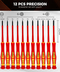 12-piece 1000V Insulated Electrician Screwdriver Set With Magnetic Tips And Rotatable Top Cap, showing sizes and dimensions
