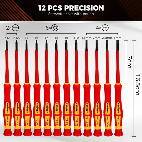 12-piece 1000V Insulated Electrician Screwdriver Set With Magnetic Tips And Rotatable Top Cap, showing sizes and dimensions